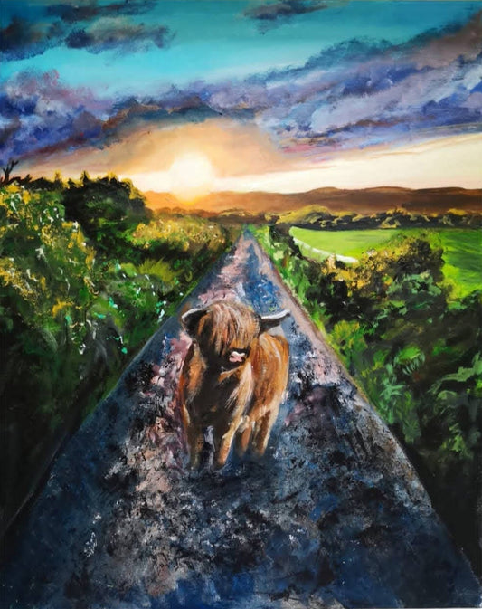 Original "Highland cow at sunset" 16" x 20"